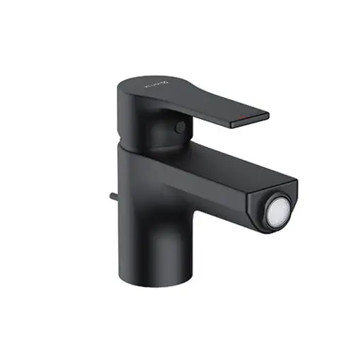 Schwarzer Badezimmertap zum Bidet mit einem Hebel für die Bedienung und einem Sensor für den Wasserfluss, hergestellt von Kludi.